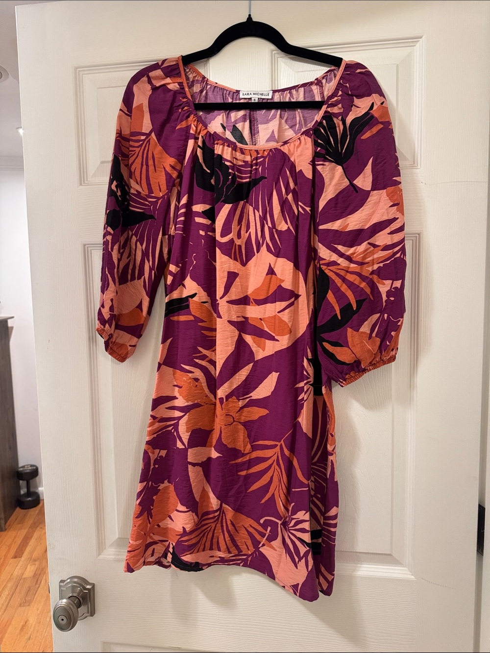 Floral Scoop-Neck Midi Dress in Magenta and Peach